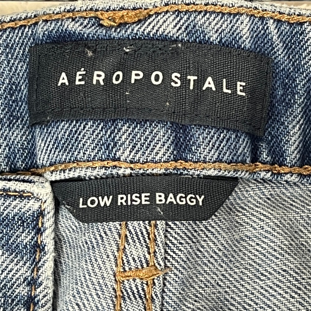 Aeropostale Low Rise Baggy Jeans Womens 4 Regular Blue Distressed Ripped Denim - Picture 2 of 13